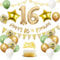 16. Geburtstag Deko Salbeigrüne, Luftballon Deko 16. Geburtstag Frau Mann, Geburtstagsdeko 16 Jahr, Gold Folienballon 16, Grün Weiß Gold Luftballons 16 Jahr mit Banner Tortendeko für Party Dekoration