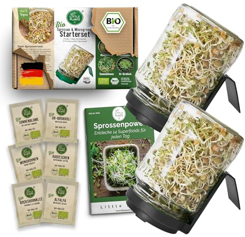 Little Plants Sprossenglas Set [2er Set] + 6 x Bio Sprossen Samen inkl. Sprossen Ebook Keimglas (Anthrazit)