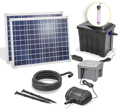 esotec Solar UV Teichfiltersystem 1900 100, Teichfilter Komplettset mit Pumpe, 24Ah LIFEPO4 Akku, Teichpumpe 1900l/h, 100Wp, Bachlaufpumpe, UV Wasserfilter, mehrstufige Filterung, 101072