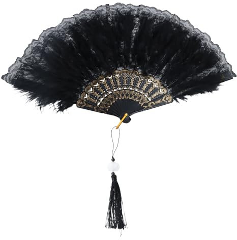 Folding Handheld Feather Fan,Vintage Feather Fan,Black Folding Fan,Vintage Style Folding Handheld Feather Fan,Flapper Hand Fan for Costume Halloween Dancing Wedding Party Prom Tea Party - Black
