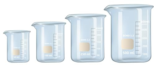 Juego de vasos de vidrio de 3.3 boro, vaso de vidrio de medición de forma baja para laboratorio, aulas, hogar, industrial, etc. (10 ml, 50 ml, 100 ml, 250 ml, 500 ml)
