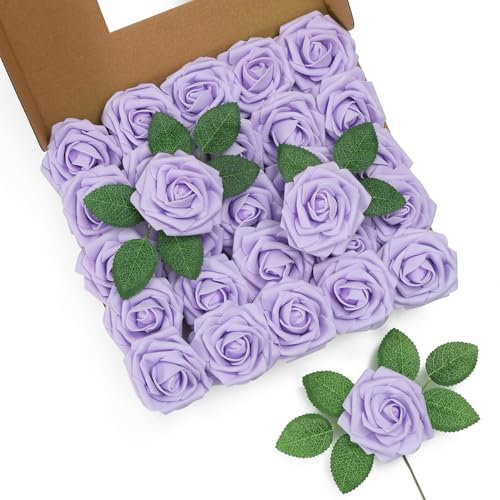 LEUCHTAMOR 25 rose artificiali lilla, rose finte in schiuma realistica al tatto, per bouquet da sposa, centrotavola, composizione floreale, decorazione per la casa