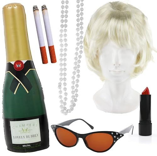 Adults Fabulous Lady Accessory Set - Blonde Beehive Wig, Black Glasses, Inflatable Champagne Bottle, Pearl Necklace, Red Lipstick, Fake Cigarettes - Ladies Classic British TV Character Costume Set