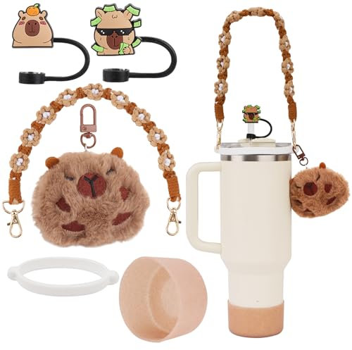 Tumbler Accessories Set Compatible for Stanley Cup,6pcs Cute Decor Includes Capybara Charms,Water Bottle Handle Strap,Silicone Water Cup Boot,Straw Cover for Tumbler,for Girls and Women