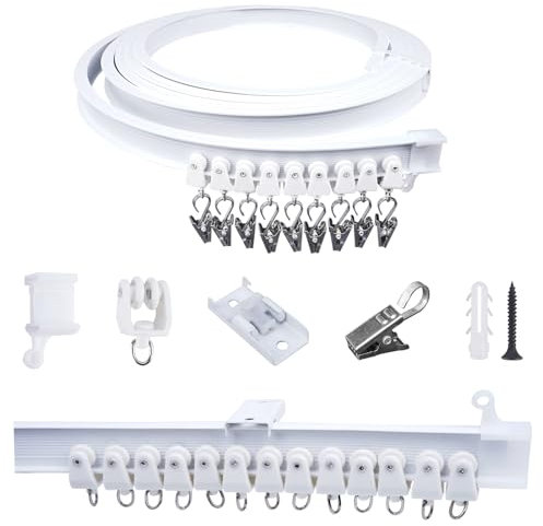 FOGAWA 4m Vorhangschiene mit 32 Vorhangklammern, Deckenvorhangschiene, Flexible Gardinenschiene, Gebogen, Deckenschiene für Duschvorhangstange, Raumteiler, Vorhangschienensystem Deckenmontage, Weiß