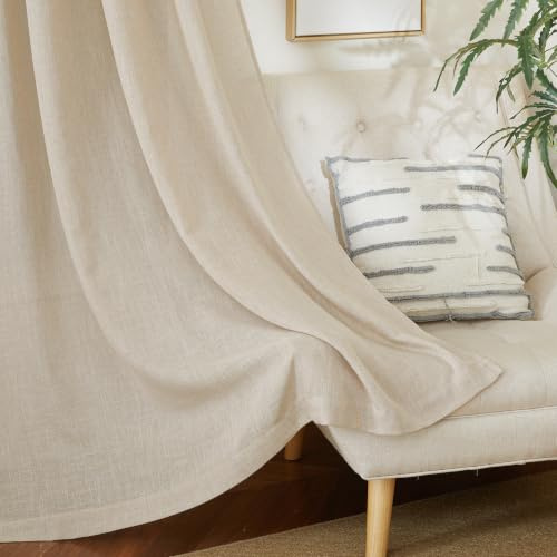 PONY DANCE Leinen Vorhänge mit Kräuselband 2er Set H 210 x B 140 cm Natur, Wohnzimmer/Schlafzimmer Gardinen Leinenoptik Boho Style Curtains with Rail Hooks Leinenvorhang Halbtransparent