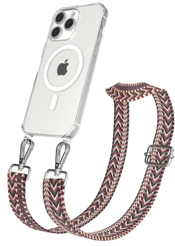 EAZY CASE Handykette - Verstellbares Taschenband kompatibel mit iPhone 15 Pro Max, Schulterriemen, Handykordel mit Silikon Hülle, Qi Charging kompatibel, Umhängetasche, Beere Pink Silber