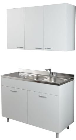 Cucina in Kit 120 cm Bianco con Mobile Sottolavabo e Pensile con 3 Ante - Spaziosa e Moderna