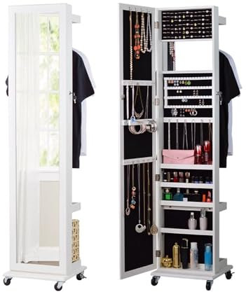 HXYhydrypd Armoire à Bijoux Pivotante à 360° avec roulettes, 168 Cm Miroir Rangement Bijoux, Miroir sur Pied Chambre avec Rangement