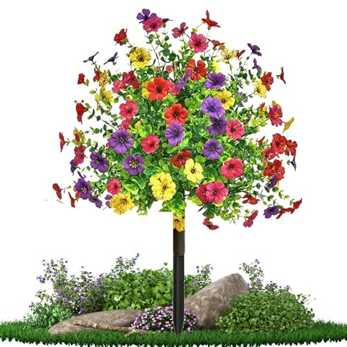 Genérico Arbustes artificiels pour extérieur | Topiaire d'extérieur | Plantes réalistes résistantes aux rayons UV avec fleurs violettes et piquet pour décoration extérieure