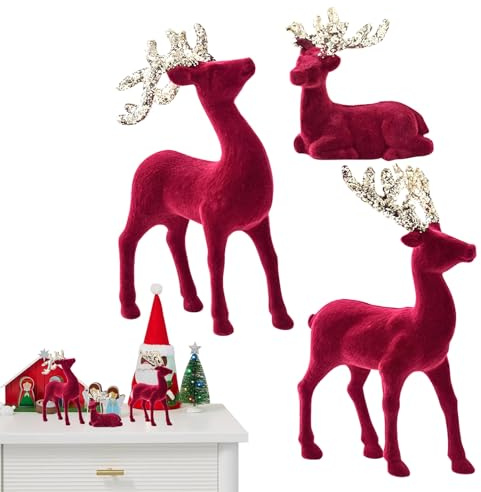 mivceklw Weihnachtsrentier - 3-teiliger Hirsch Weihnachtsschmuck - Rote Flockige Deko Figur Für Haus Dach Garten Kaminparty Terrasse