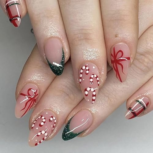 JUSTOTRY 24 Stück Weihnachten Nägel Zum Aufkleben Kurz,Grün und Rot Mandel Press on Nails mit Schleife Muster,Glossy Oval Kunstnägel Mittel,Festival French Fingernägel zum Aufkleben für Frauen