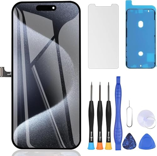 ZOETEC Display für iPhone 15 Pro Bildschirm Ersatz LCD Full HD Retina COF 3D Touchscreen Digitizer Montage mit Reparaturwerkzeugen, wasserdichter Klebstoff, gehärtetes Glas