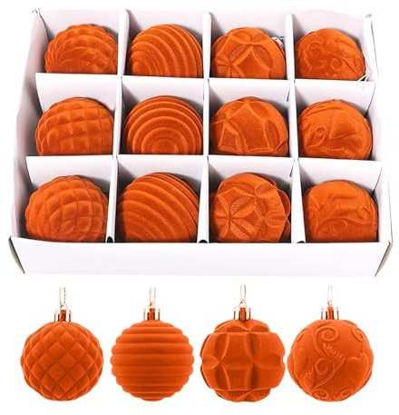 Christmas Home Decorations Baubles,Flocked Velvet Christmas Tree Ball Ornaments Set, Decorative Hanging Baubles, Shatterproof Plastic Decorations for Xmas Tree, Wreath, Garland (Orange)
