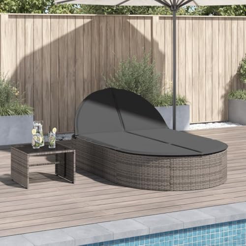 Frdhee Relaxliege Wohnzimmer Lesestuhl,Doppel-Sonnenliege mit Kissen Grau Poly Rattan,Relaxstuhl für Balkon,Terrasse,Garten