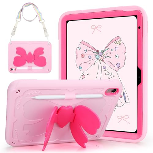 Coolden for iPad A16 Case 11th Generation Cases 2025 11 Inch for iPad 10th Generation Case for Kids Girls with Cute Butterfly Bow Stand Shoulder Strap Pencil Holder Rugged Protective Cover-Pink
