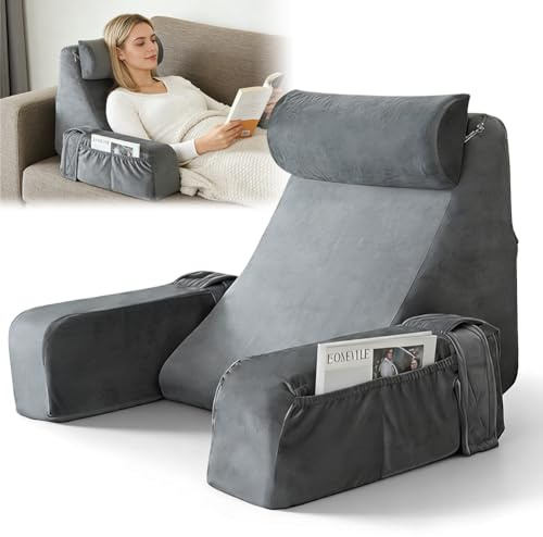 Piashow Cojín de lectura para cama y sofá, cojín de respaldo para adultos con reposabrazos y almohadas extraíbles, cojín de apoyo para la espalda, cojín de cuña con funda lavable para leer, ver la