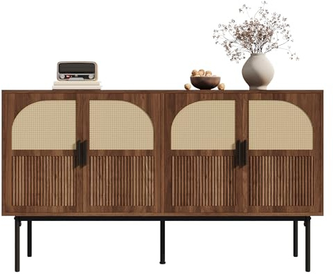 Generisch Modernes Retro Sideboard mit Rattan & Walnuss-Optik, 4 Türen Schrank mit Stauraum, Buffet für Wohnzimmer Esszimmer, 140x40x80 cm