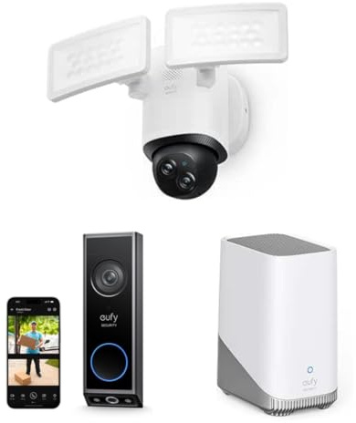 eufy Security Floodlight Camera E340 Dual Cameras Wired Outdoor Security Camera and eufy Security S380 HomeBase (HomeBase 3), with eufy Security Video Doorbell E340 Dual Cameras with Delivery Guard 2