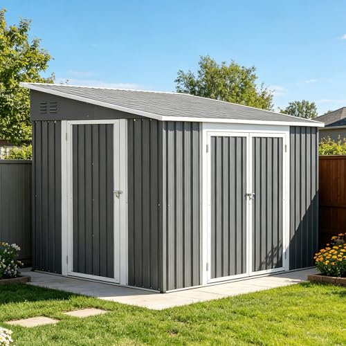 Jaxenor Gartenhaus Metall, 262x180x201cm, Garten Geräteschuppen | Gerätehaus Metall mit Doppeltüren & Schloss, Anlehn-Design, Gartenschrank Wasserdicht für Terrasse/Hinterhof, Grau
