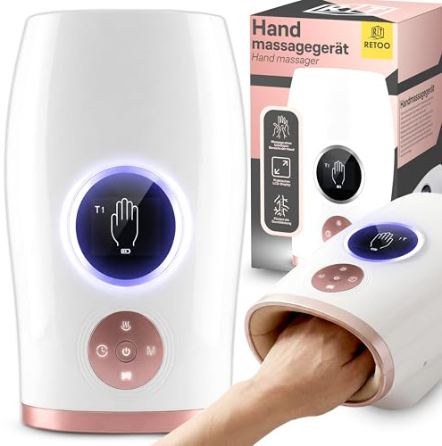 Retoo Elektrisches Handmassagegerät mit Wärme und Kompression – 3 Modi, LCD-Display, kabelloses Massagegerät für Finger, Handfläche & Handgelenk, Arthritis, Karpaltunnelsyndrom, USB Akku