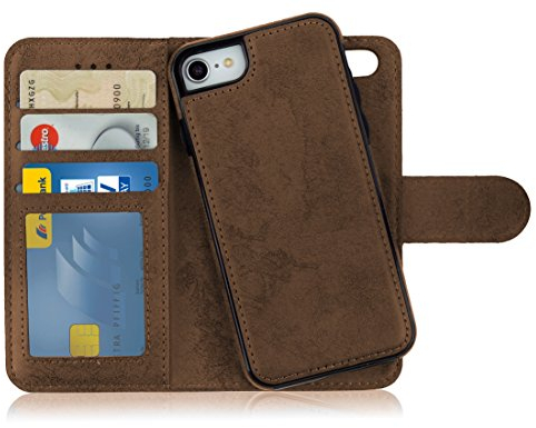 MyGadget Flip Case for iPhone 7 | 8 | SE 2020 | 2022 - [ Removable Magnetic Cover ] - PU Leather Phone Case - [ Cover with Card Slot ] Protective Shell in Brown