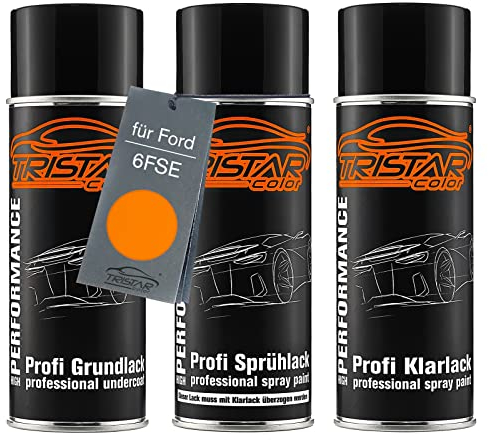 TRISTARcolor Autolack Spraydosen Set für Ford 6FSE Electric Orange Perl/Orange Electric Perl Grundlack Basislack Klarlack Sprühdose 400ml