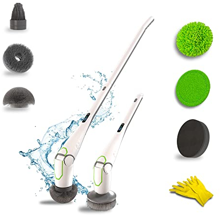 InYourCase Reinigungsbürste elektrisch Spin Scrubber. Drahtlos, aufladbar, verlängerbar, wasserfest. Display, Gestell, 6 Bürstenaufsätze, Putz-Handschuhe. Schrubben für Haushalt, Bad, Dusche, Küche