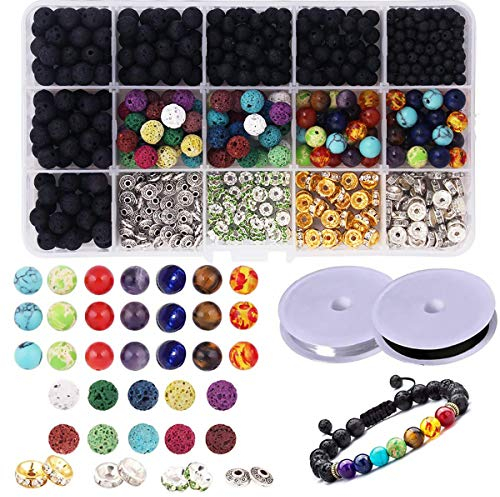 Lava Perlen 599 Stück Set Chakra Perlen, Abstandsperlen, Schwarze und Weiße Kristalllinien für DIY Freundschaft ätherisches Öl Armbänder,Ohrringe,Halsketten und Andere Schmuck Schaffen Mehrweg