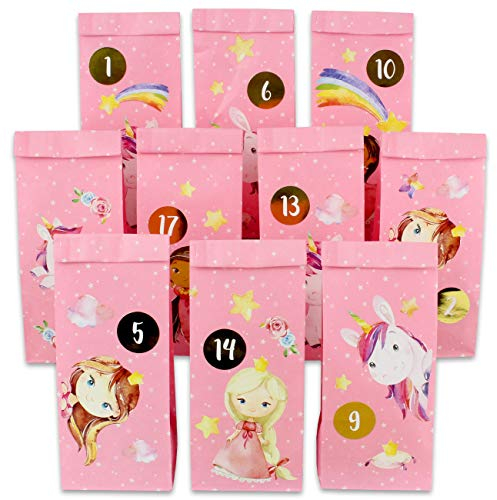 Papierdrachen DIY Adventskalender 2024 - zum Befüllen - Prinzessin und Einhorn zum Aufkleben - mit 24 rosa bedruckten Papiertüten und tollen Stickern für Kinder - Weihnachten