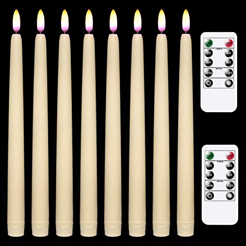 Eldnacele Flameless Battery Operated Window Taper Candles Flickering with Remote Control, Ivory Real Wax Coated LED Taper Candles with Timer for Wedding Party Decoration Pack of 8