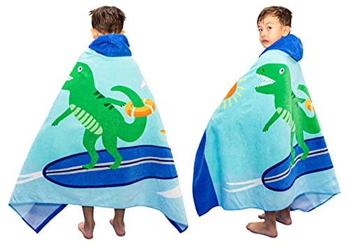 BANGSAUR Kinder-Strandtuch mit Kapuze, 100% Baumwolle, weich und saugfähig, Badetuch, Badetuch, Überzieher für Jungen und Mädchen, extra Größe: 127×76cm (T-Rex surfen)