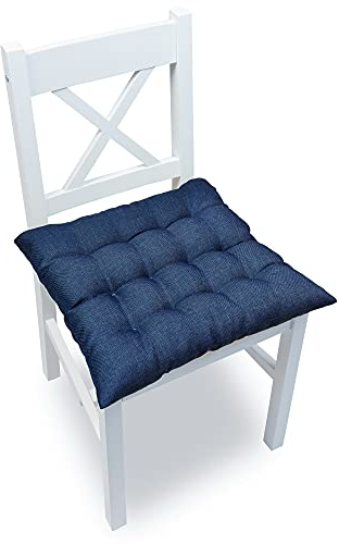 chilly pilley® 4er Set Stuhlkissen mit Bindungen – Gepolsterte, Gesteppte Sitzkissen aus Leinenoptik-Stoff, Bequeme Stuhlauflagen für Küche, Esszimmer & Garten (Blau)