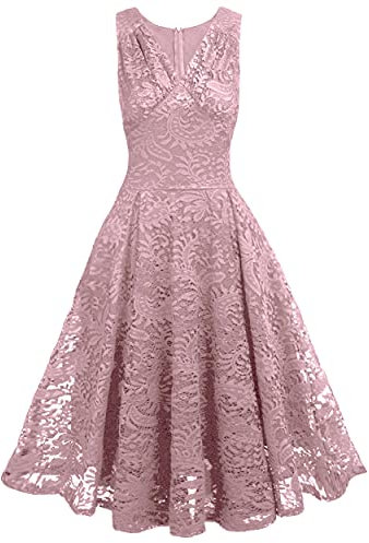 yhfshop Dentelle plissée Taille Grande Robe balançoire élégante Robe de Cocktail de soirée Mariage mariée Demoiselle d'honneur-Rose_M