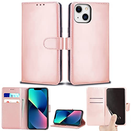 Mobile Stuff Case Compatible With iPhone 13 Leather Wallet Book Flip Folio Stand View Cover Magnetic Closure with Card Slots for iPhone 13 [6.1 Inch] (Rose Gold)