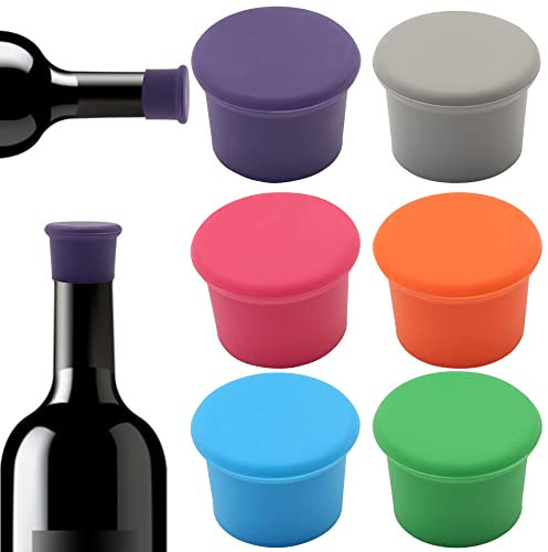 LHJJJL 6PCS Wine Stoppers, Reusable Silicone, Glass, Round, Multiple Colors, Bottle Stoppers for Corks to Keep Wine Fresh