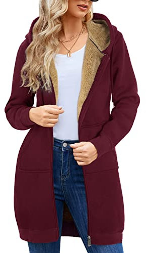 Nadeer Felpe Cappotto Donna Plain Sherpa Peluche Zip Up Medio-Lungo Casual Caldo Pile Coulisse Donna Felpa con Cappuccio Inverno Manica Lunga Giacca con Tasche Outwear (Vino Rosso,XL)