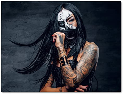 wandmotiv24 Leinwandbild Models, Querformat, Tattoos, Frau, Model, Makeup, Totenkopf M0469