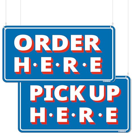 GEEKBEAR Order Here and Pick Up Here Signs (Blue) - Premium Order Here Pick Up Here Signs with Special Hanging Hooks Attachable to Ceiling - 12 X 6 - 2 Pack
