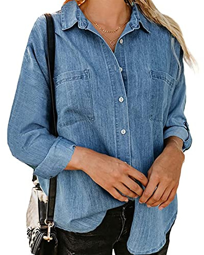 Sawmew Jeansskjorta Långärmad Jeansblus Med Knäppning För Kvinnor Mode Vår Höst Lätt Jeansjacka Med Fickor (Color : Light blue A, Size : 3XL)