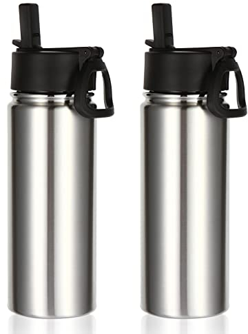 Volhoply 18oz Insulated Water Bottle 2 Pack, Multipack Kids Stainless Steel Water Bottles with Straw Lid, Double Wall Vacuum Metal Bottle (Silver,2 Pack)