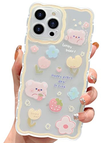 ECZOIL Compatible with iPhone 14 Pro Max Case Cute Cartoon Floral Bear Pattern Design Women Girls Kawaii Slim Soft TPU Transparent Cover for iPhone 14 Pro Max 6.7 inch-Yellow