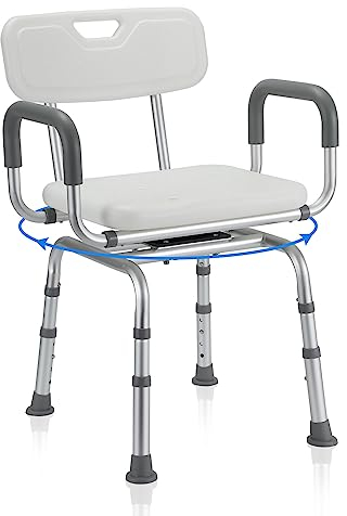 Yakimz Tabouret de douche pour seniors, pivotant à 360 °, avec dossier et accoudoirs, hauteur réglable de 40 à 48 cm, tabouret de salle de bain avec pieds antidérapants