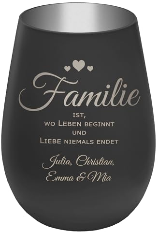 Windlicht mit Gravur Familie - personalisierbar mit Namen - Außen Schwarz/Innen Silber - Höhe 12 cm - Teelichthalter Kerzenhalter Vornamen Familienmitglieder
