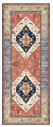 ZUZEKU Boho Läufer Flur Küche Waschbar rutschfest 100X200cm Vintage Rot und Blau Lang Küchenteppich Flurteppich Teppich Fur Korridor Wohnzimmer Schlafzimmer Meterware Anpassbar