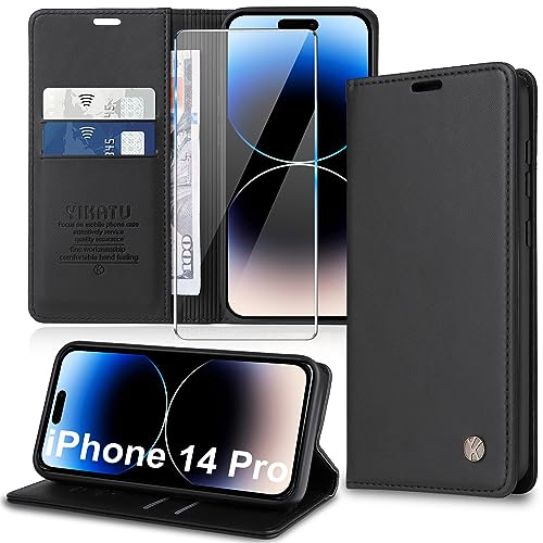 Migexxkj Handyhülle für iPhone 14 Pro Hülle [mit Schutzfolie][Premium PU Leder] Klapphülle Ständer Kartenfach Magnetic Flip Case Cover Etui Tasche Schutzhülle für iPhone 14 Pro 6.1“ (Black)