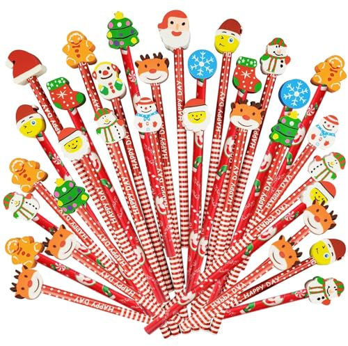 48 Pcs Matite Natalizie, Set di matite per Bambini con Gomma Natale Matite del Legno di fumetto Pensierini Natalizi Divertenti Bomboniera Topper per Regalino, Festa Battesimo, Comunione Regalo