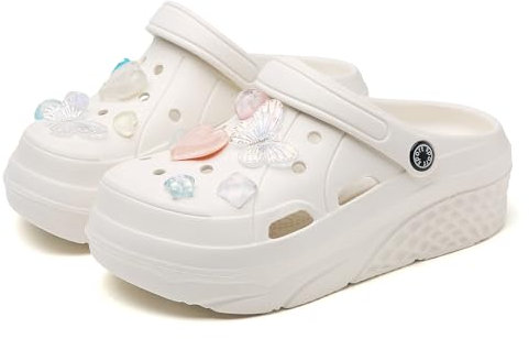 Womens Platform Clogs Slip On Slides for Women's 2 in High Heels Mules Clog Wedge Sandals Beach Slippers Waterproof Gardener Platform Clogs Shoes with Clogs Charms Butterfly White 37