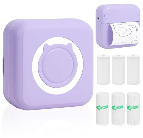 Mini Impresora Térmica,Impresora Inalámbrica Portátil sin Tinta Bluetooth con 3 Rollos de Adhesivo y 3 Rollos de Papel Térmico,Compatible con Android/iOS,Impresora de Bolsillo para Notas,DIY, Morado