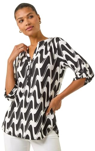 Roman Originals Geometric Print Stretch Blouse for Women UK - Ladies Everyday Autumn Winter Notch Neckline Comfy Soft Evening Vacation Work Party Night Out - Ink White - Size 20